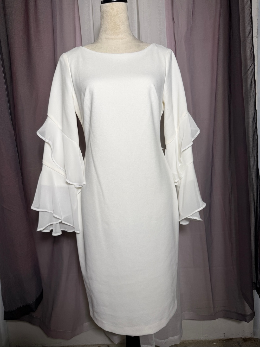 Calvin Klein Elegant White Ruffle-Sleeve Sheath Dress